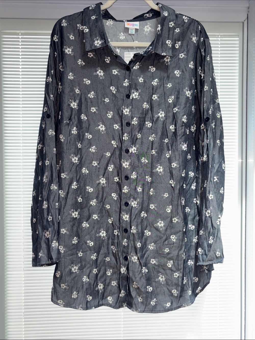 LuLaRoe Chambray Valentina Button-Front Shirt with White Floral Print
